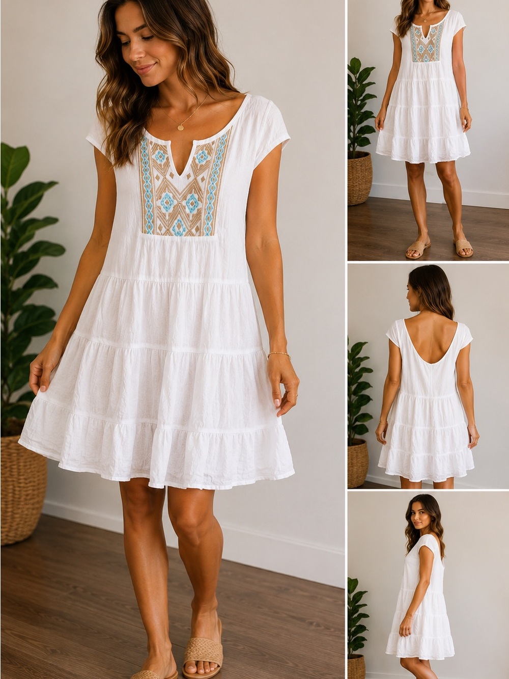 White Tiered Embroidered Tunic Dress Small